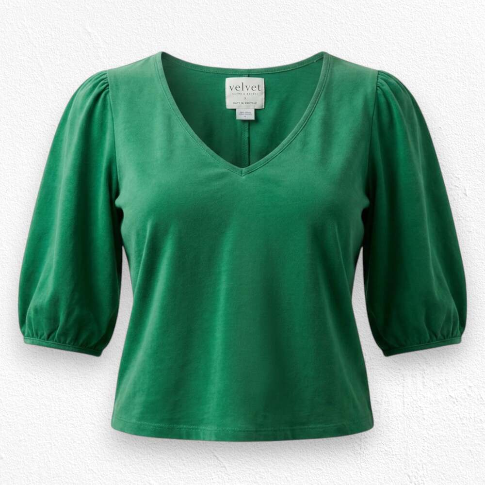 Velvet Graham Spencer Green Puff Sleeve V Neck Blouse Top Size Large Petite